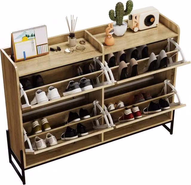 Scarpiera Stretta Naturale 118×25×91;5 cm con 4 Ante a Ribalta; Ripiani Regolabili; Ante in Rattan e Piedini Dorati