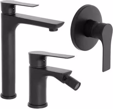 Set di miscelatori per lavabo, bidet e doccia Flat in ottone nero opaco con piletta pop-up