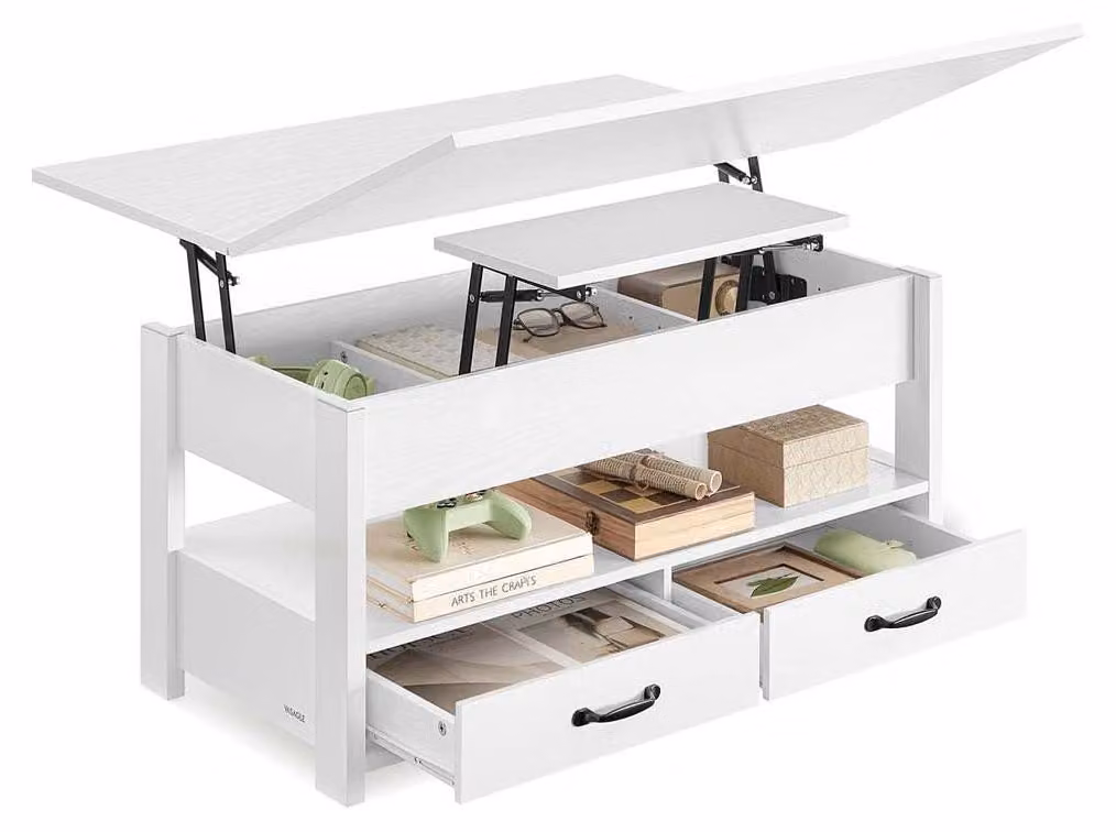 Tavolino con piano sollevabile, spazio contenitore e altezza regolabile, bianco – 50 x 100 x 49,1/64,1 cm