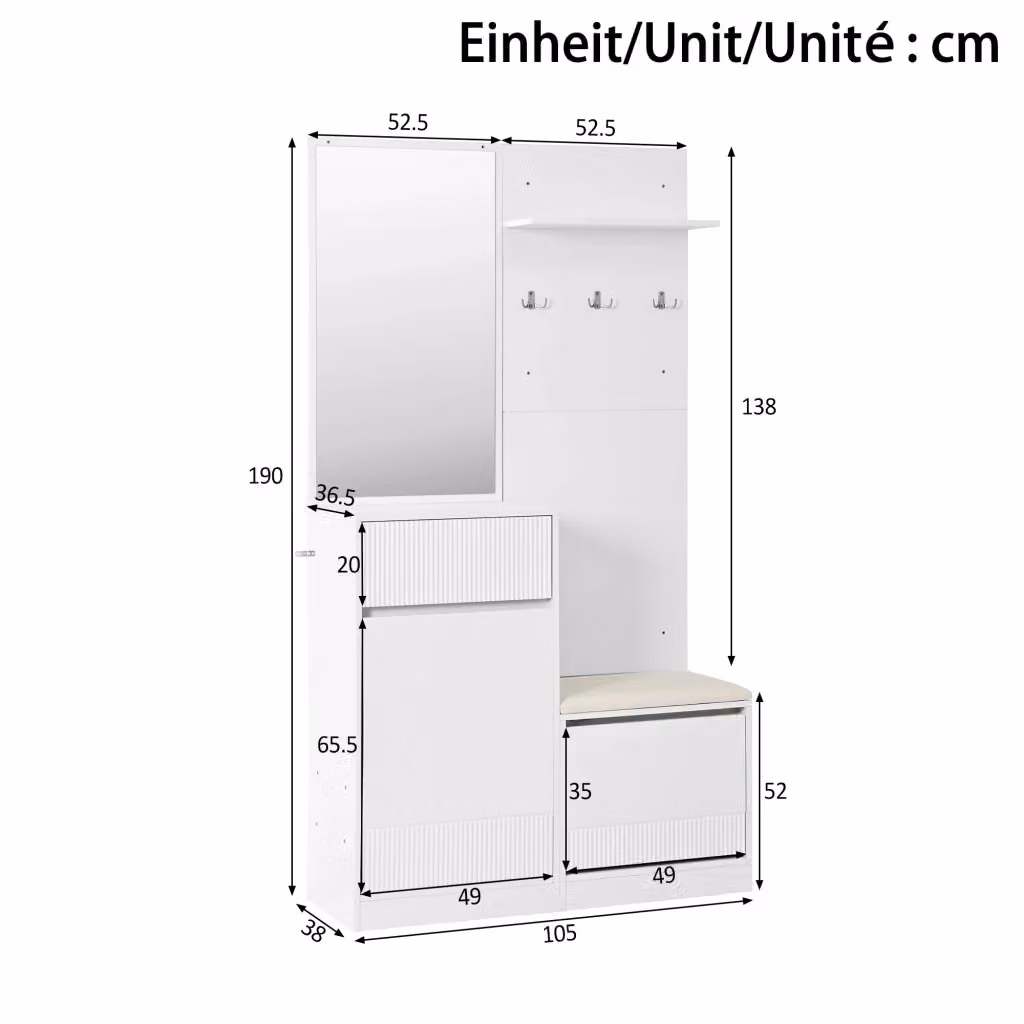 Armadio da ingresso REDOM moderno con specchio, illuminazione LED e appendiabiti, bianco opaco, L: 105 cm, P: 38 cm, H: 190 cm – 2