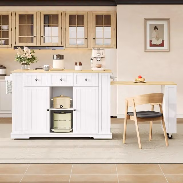 Carrello da cucina mobile WISHDOR con isola e tavolo estraibile, L/P/H: 138 x 55 x 93 cm, bianco e beige, in MDF opaco