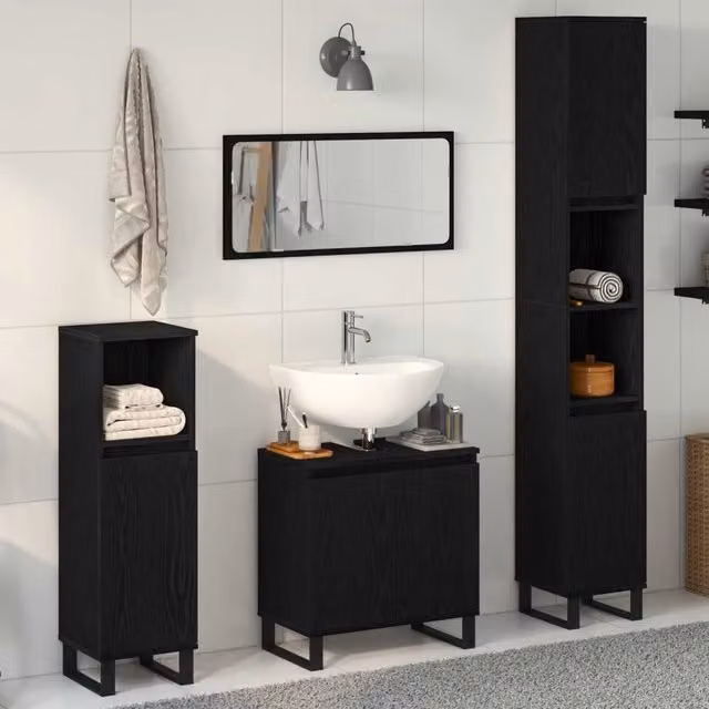 Set di mobili per il bagno 3 pz Rovere Nero 30 x 30 x 190 cm 3333100