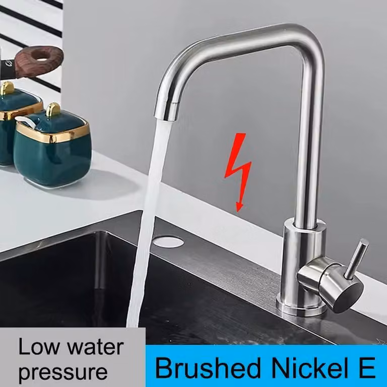 Miscelatore per lavello - Adatto per bassa pressione dell'acqua - Girevole a 360° - Doccetta estraibile - Miscelatore monocomando - Montaggio su piano di lavoro - Acqua calda e fredda - Finitura in nichel spazzolato
