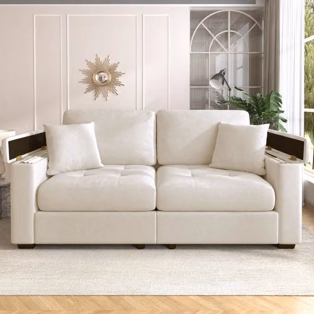 Divano 2 posti in chenille beige con contenitore nei braccioli, tasche laterali e 2 cuscini