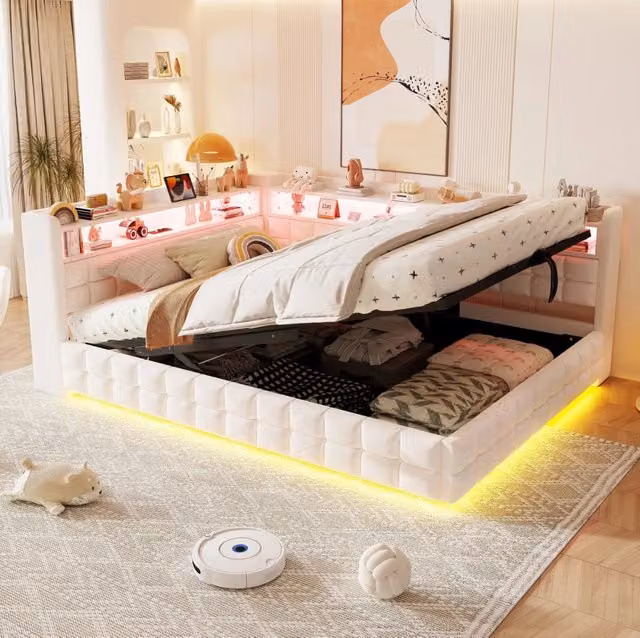 Letto imbottito trasformabile 140x200 cm in velluto beige con contenitore; LED e prese