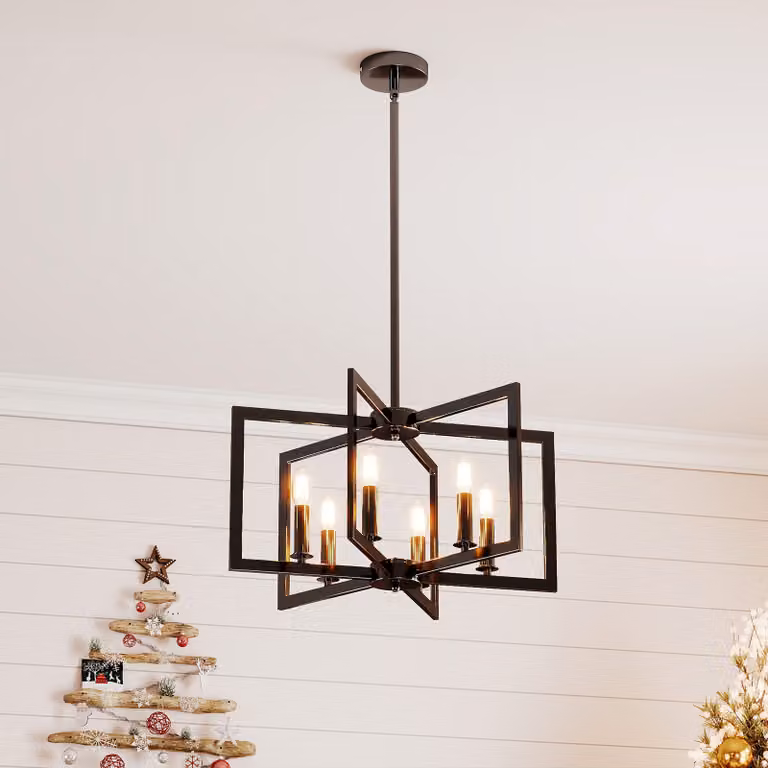 Costway Lampada a sospensione industriale con 6 luci esagonali in metallo nero, altezza regolabile per soggiorno e cucina