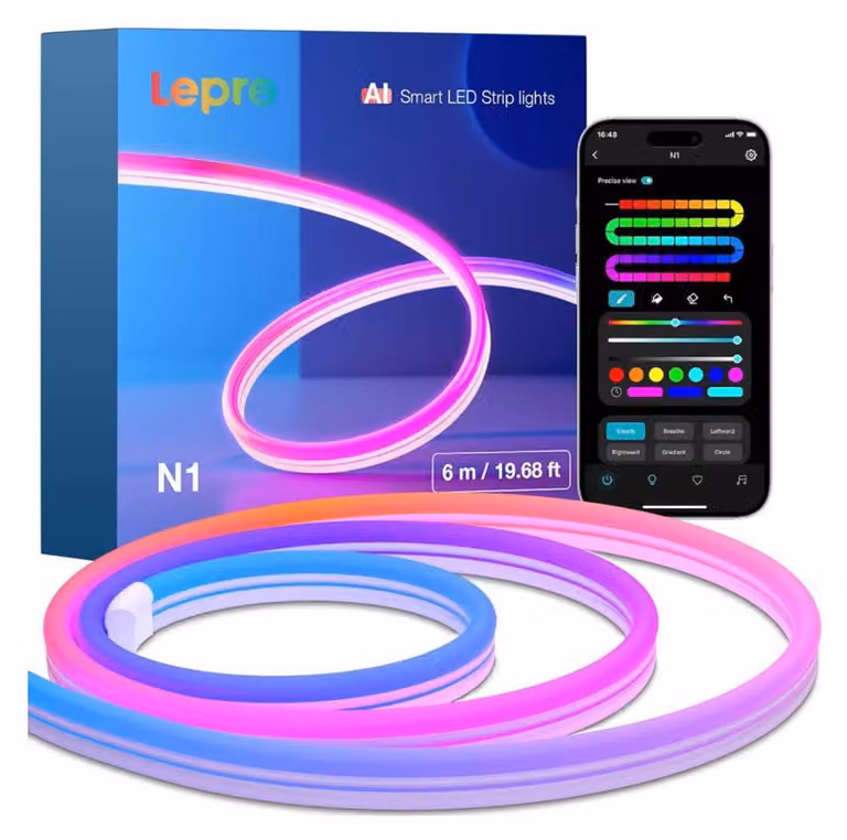 Lepro AI Neon LED Strip N1, 6 m, striscia LED, controllo tramite app, forme fai da te, sincronizzazione musicale, Alexa e Google Assistant, ideale per salotti e feste.