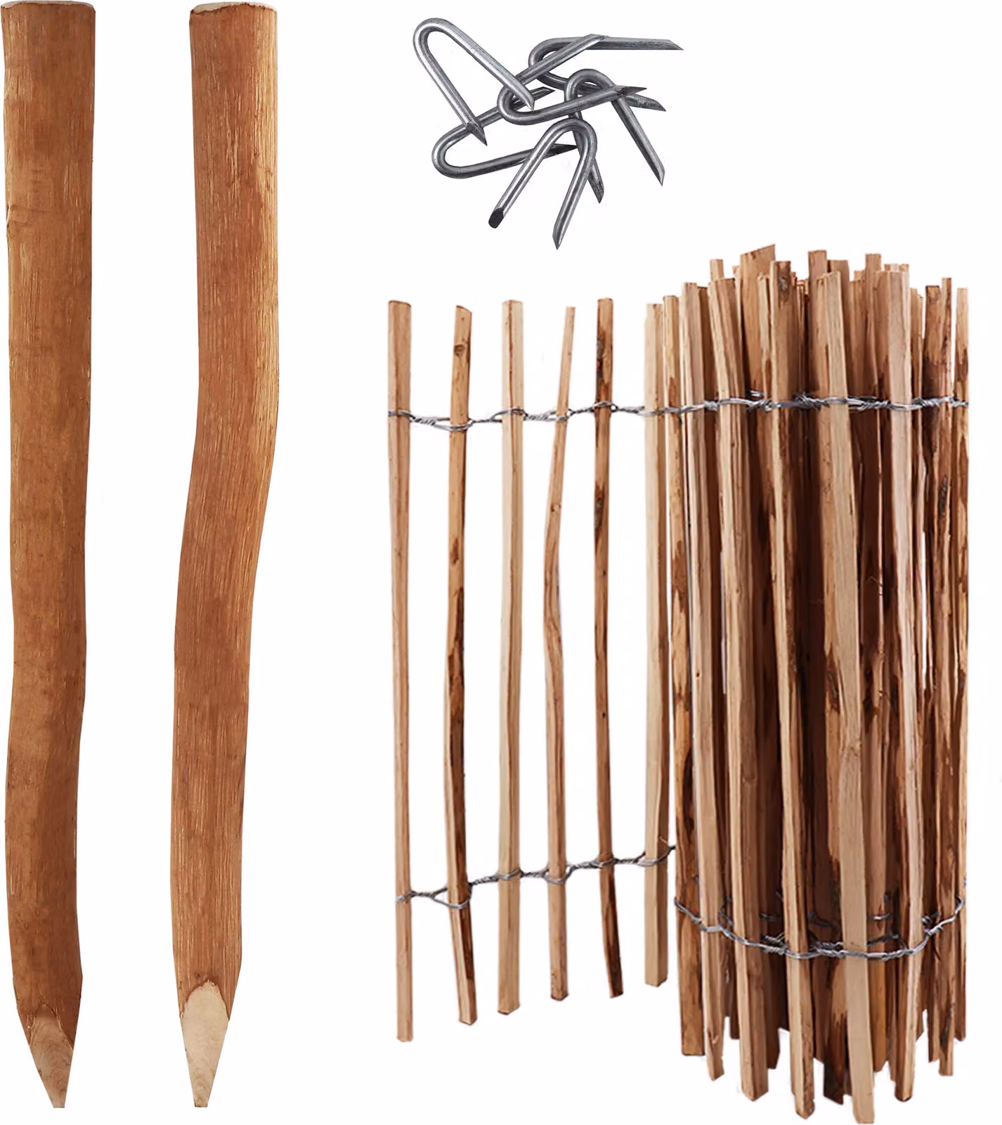 set completo di picchetti di 5 metri di altezza 60 cm, distanza tra i picchetti 4-6 cm con 5 pali di legno lunghi 1,05 m e graffette