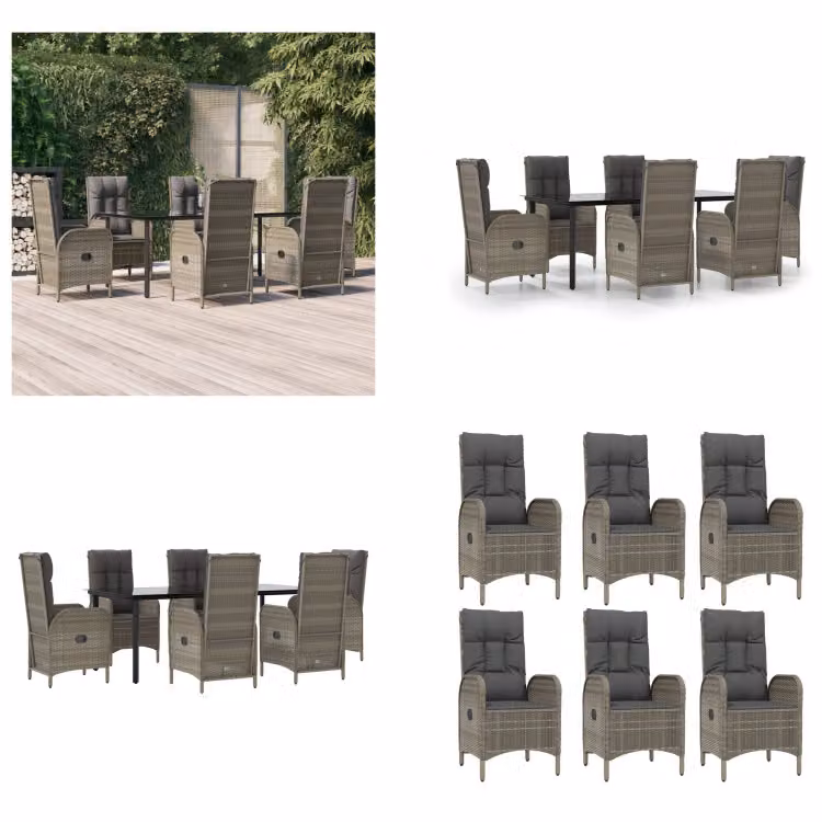 vidaXL Set da pranzo da giardino 7 pezzi con cuscini in poly rattan nero e grigio - Set da pranzo da giardino - Set da pranzo da giardino - Set da pranzo da terrazza