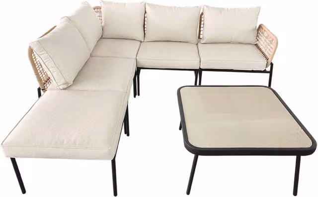 Salotto da giardino angolare in acciaio e corda, 5 posti, beige