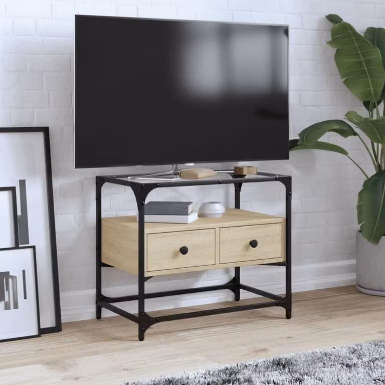 Mobile TV vidaXL in stile industriale con piano in vetro e finitura rovere sonoma, L 60 cm x P 35 cm x H 51 cm