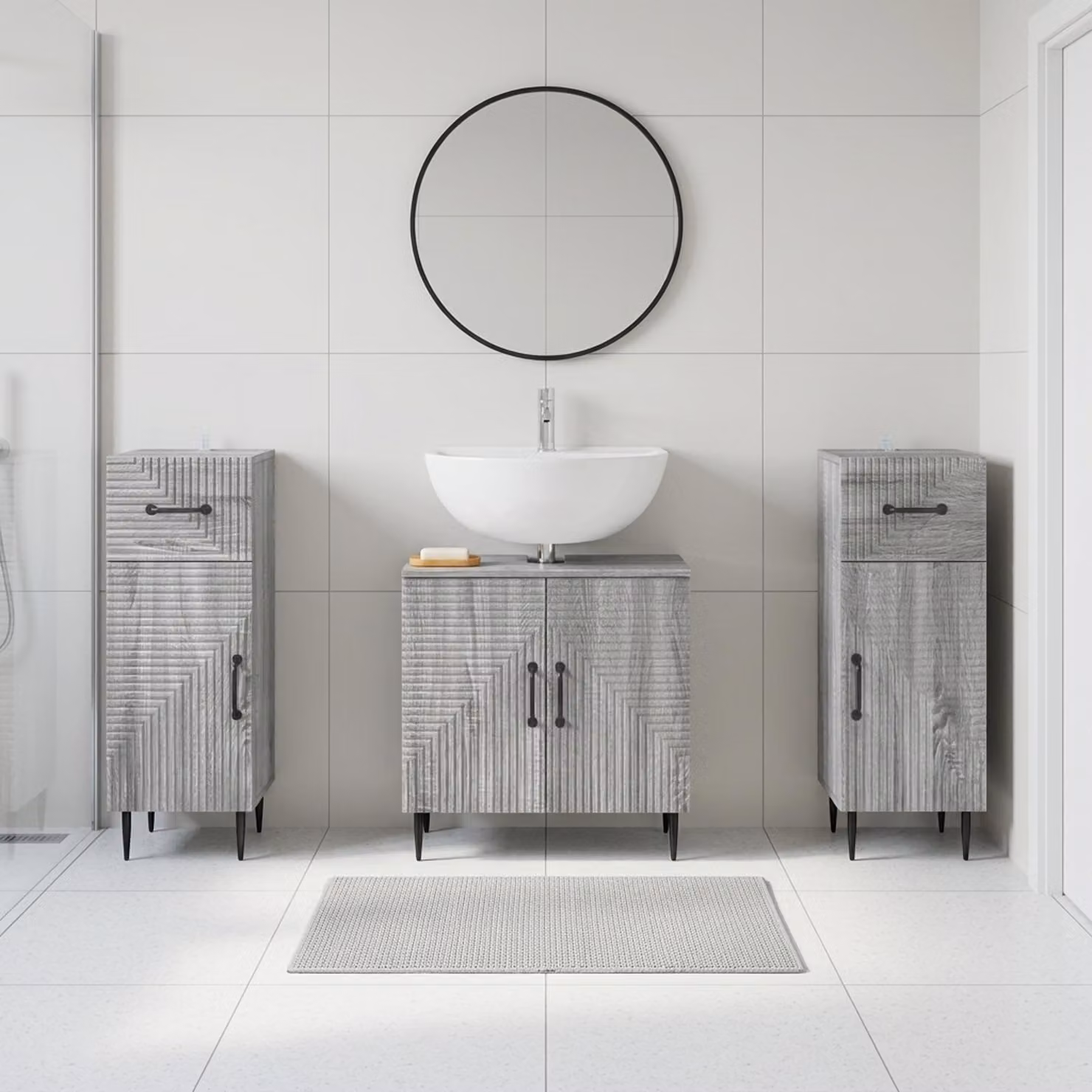 Set di mobili da bagno HAARLEM di vidaXL in 3 pezzi, colore grigio, design minimalista in legno
