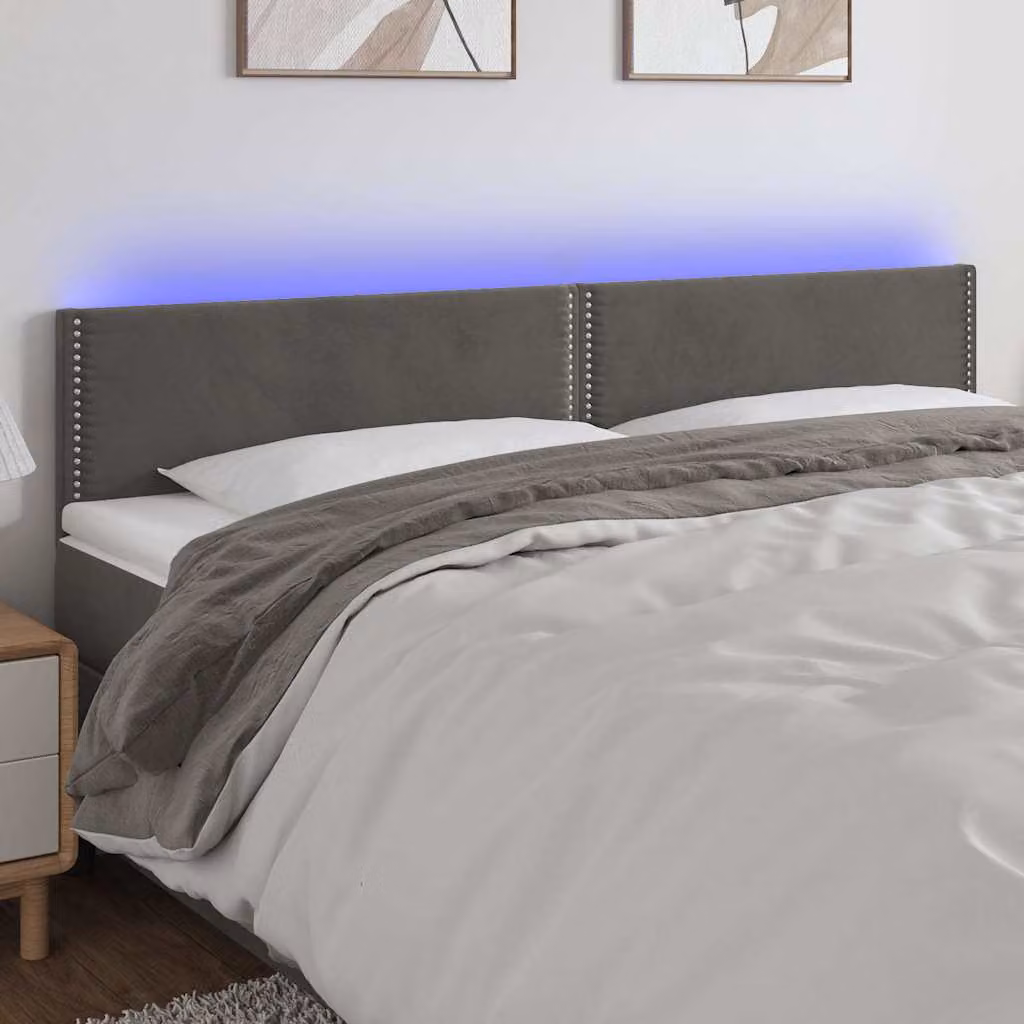Testiera con LED e porta USB vidaXL in velluto grigio, L: 180 cm, P: 5 cm, H: 78-88 cm