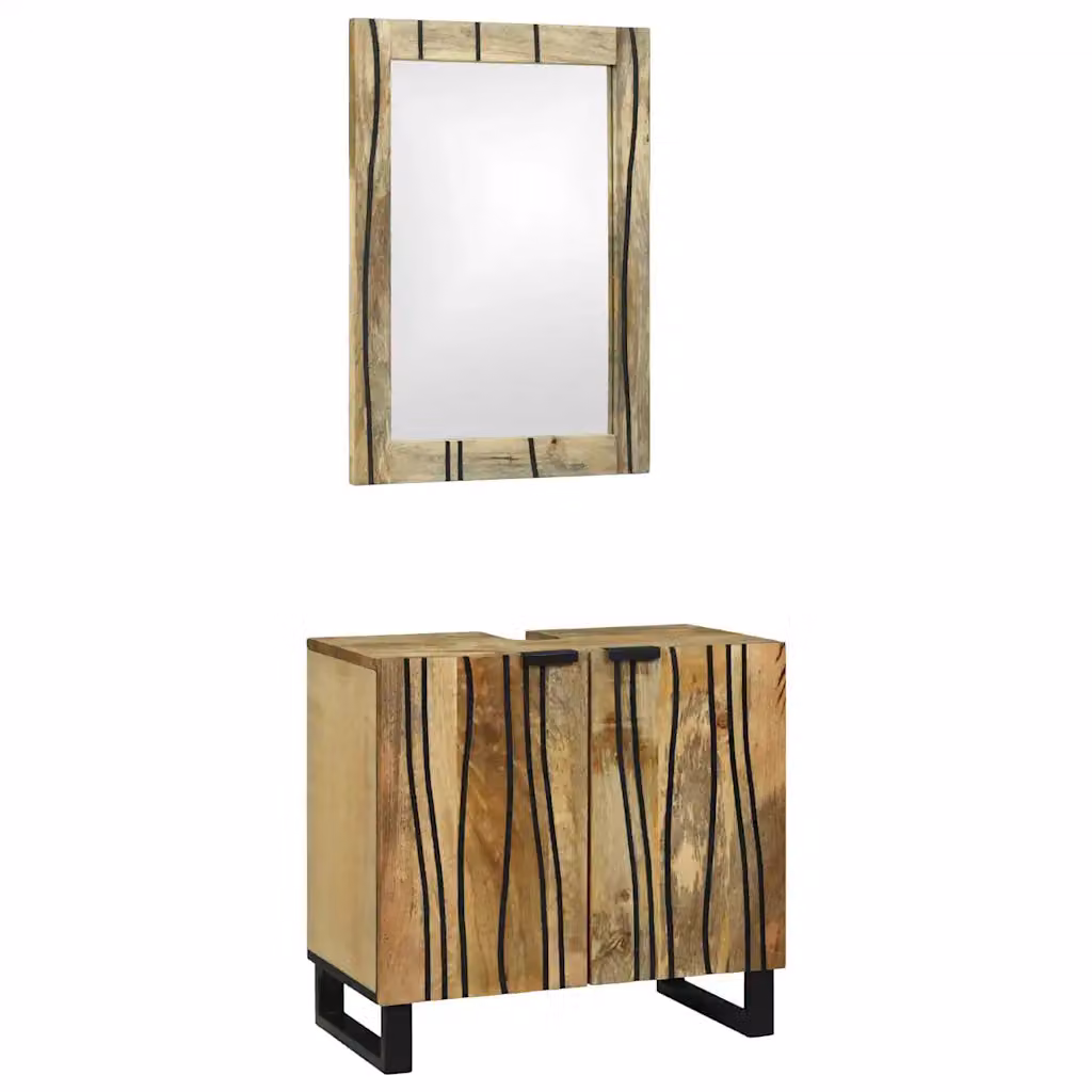 Set di mobili da bagno vidaXL in legno di mango massello composto da mobile lavabo e armadietto con specchio, colore marrone e nero