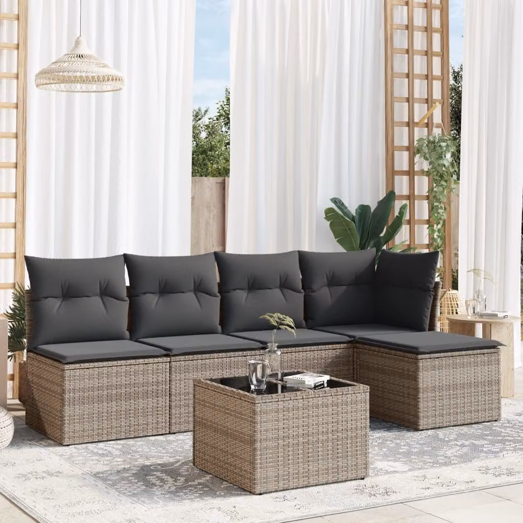 vidaXL Set Divano da Giardino 6 pz a L in Polyrattan Grigio con Cuscini e Tavolino – 1