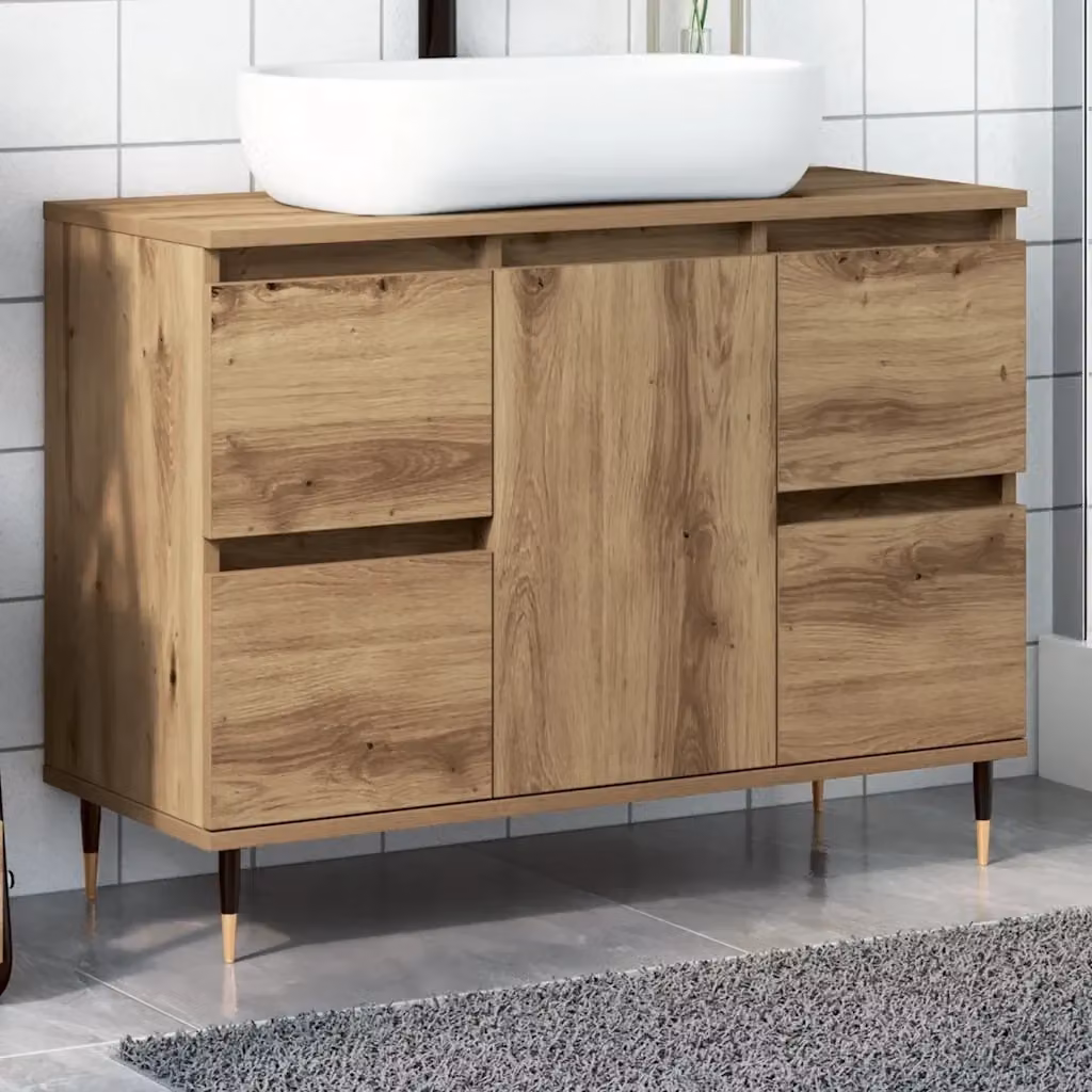 Mobiletto da Bagno Industrial in Rovere e Metallo con Ante e Cassetti, L: 80 cm, P: 33 cm, H: 60 cm – 2