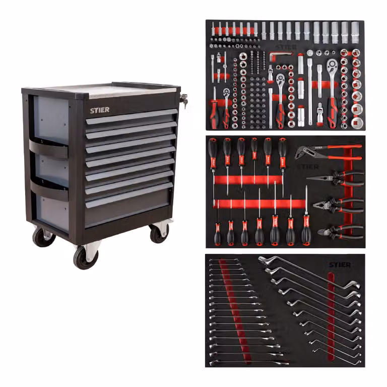 Carrello da officina STIER Premium con piano di lavoro in acciaio inox, completamente attrezzato con 223 pezzi, 7 cassetti, prodotto in Europa