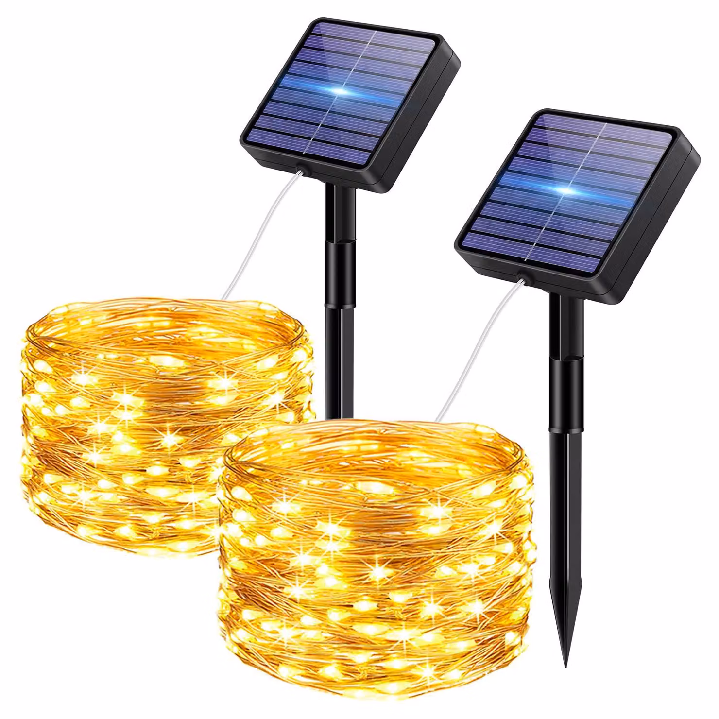 Set di 2 catene luminose solari, lunghezza 5+2 metri, 50 LED, luce bianco caldo, grado di protezione IP65