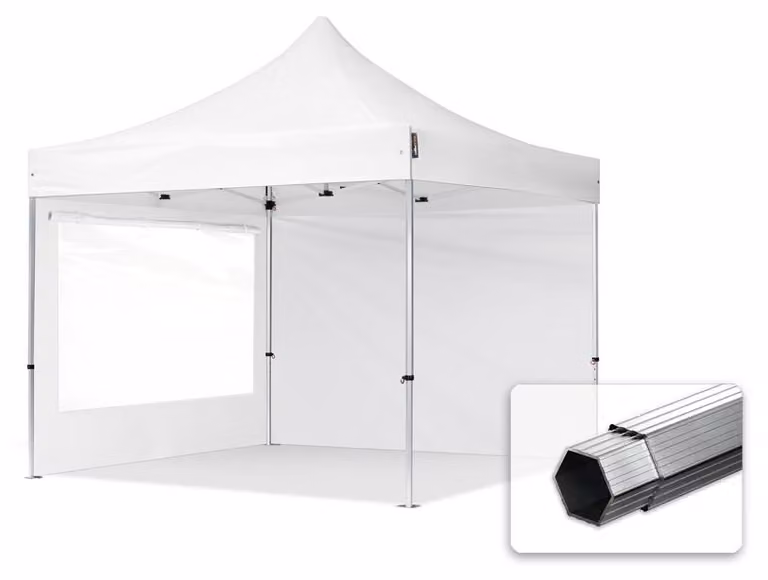 TOOLPORT 3x3m gazebo pieghevole PES con laterali (panoramiche), PROFESSIONAL alluminio, bianco