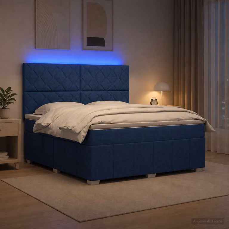 Letto Box Spring vidaXL con Materasso Blu e Illuminazione LED, Porte USB e Contenitore, L/P: 140 x 200 cm