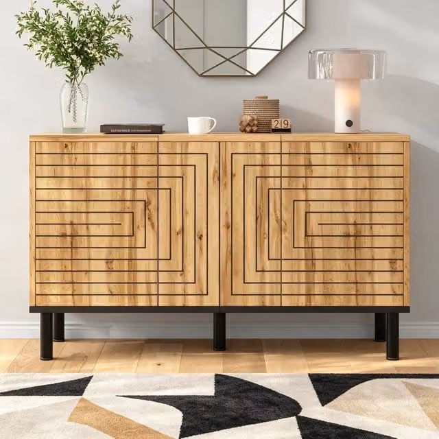 Credenza WISHDOR moderna con motivo geometrico e finitura effetto legno marrone, L 120 x P 35 x H 68 cm