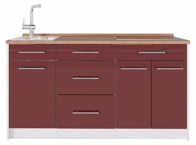 Cucine componibili piccole Vicco Fame-Line Bordeaux lucido/Bianco 150 cm piano di lavoro Rovere dorato, Model 70427