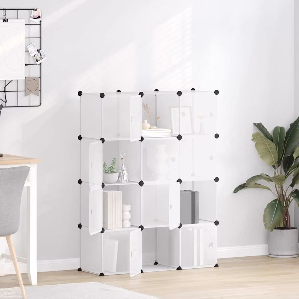 vidaXL Contenitore a Cubo Moderno con 12 Ripiani e Ante Trasparenti, Bianco e Metallo, L/P/H: 123,5 x 31,5 x 94,0 cm