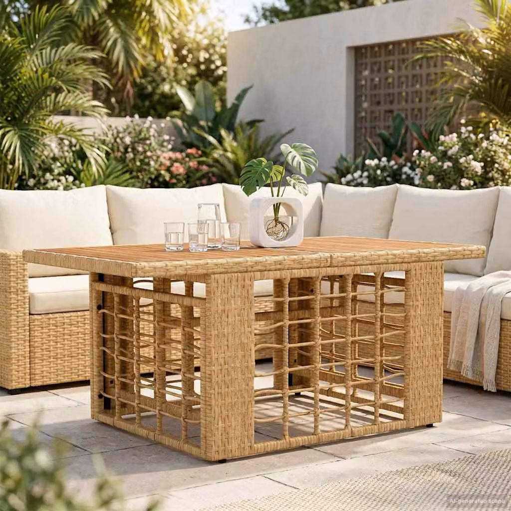 vidaXL Tavolo da giardino moderno regolabile in altezza con piano in vetro, colore marrone e beige, L: 100 cm, P: 55 cm, H: 37 cm
