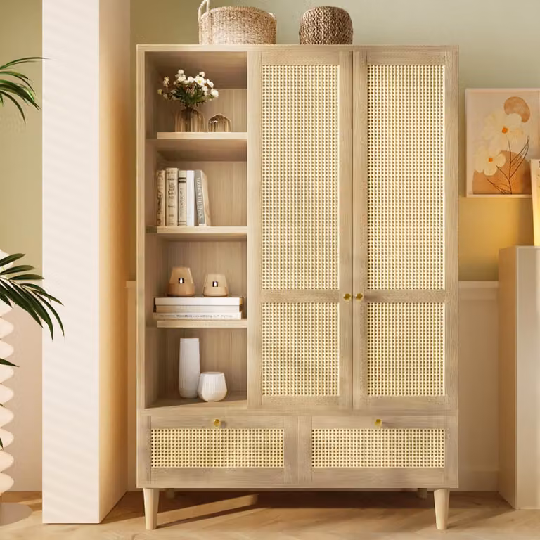 Armadio Flieks con ante e cassetti in rattan, guardaroba con asta appendiabiti e ripiani aperti, 120x50x180 cm, finitura naturale