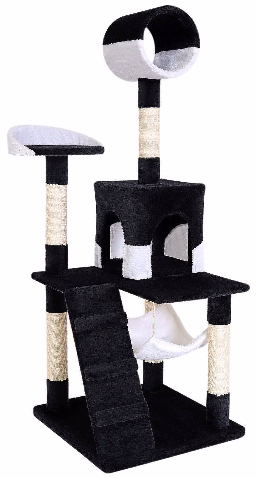 tiragraffi lionto, elegante albero per gatti da 133 cm con copertura in peluche, robusti pali in sisal e versatili aree di riposo, nero/bianco