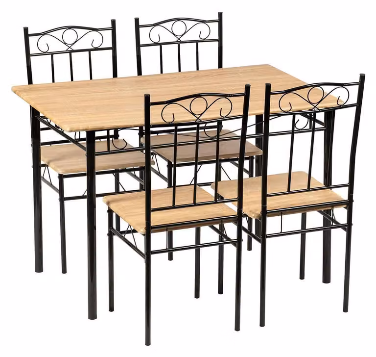 Set per sala da pranzo: tavolo da pranzo con 4 sedie, legno impiallacciato di faggio, gambe in metallo nero, altezza 109 cm