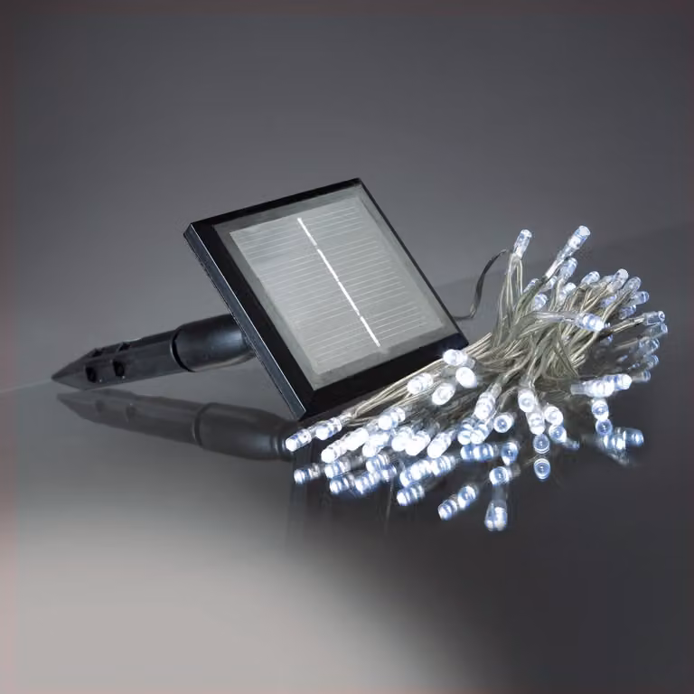 Catena luminosa solare con 50 LED, lunghezza 4,9 metri, luce bianca fredda, con timer e funzione di lampeggio
