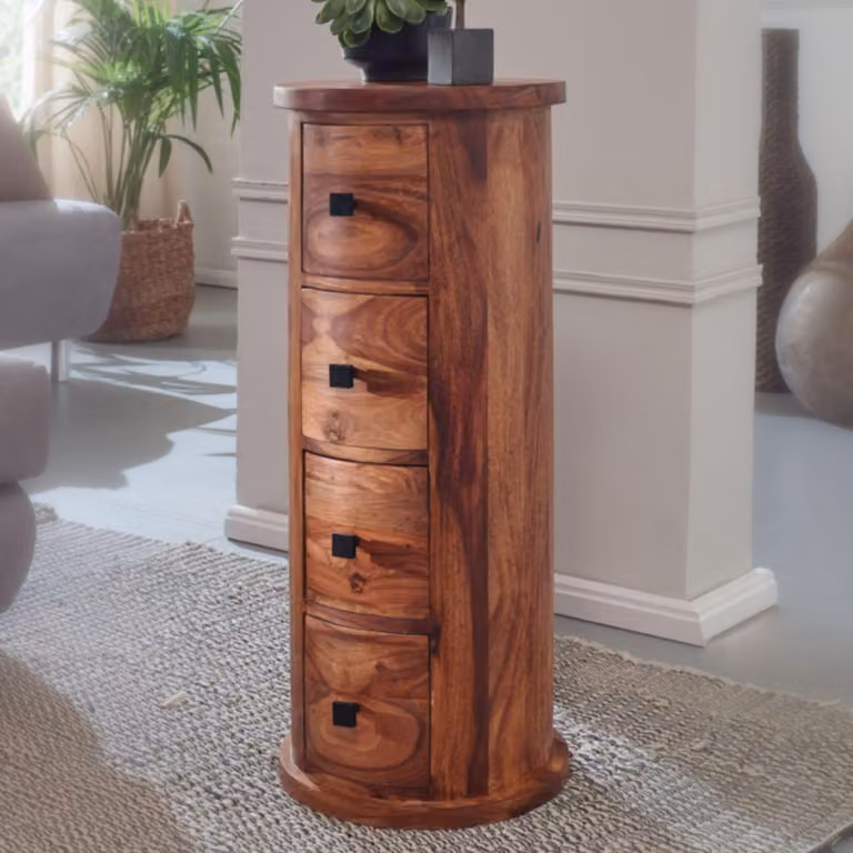 FineBuy Design Credenza 85 cm in legno massello di sheesham, Ø 35 cm, cassettiera, mobile ausiliario stretto, mini cassettiera in legno massello, rotonda