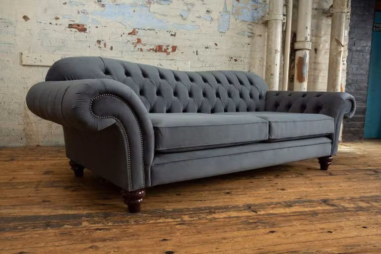 Big Sofa 4 Sitzer Couch Chesterfield Polster Sitz Garnitur Stoff Textil Grau