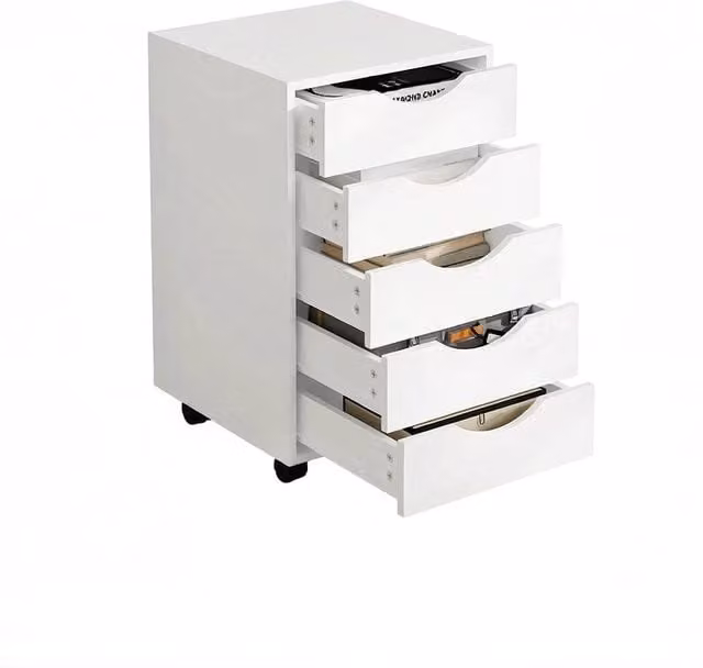 Cassettiera con 5 cassetti e ruote con freno per ufficio e camera; in legno ingegnerizzato; bianco; 40×40×66.5 cm
