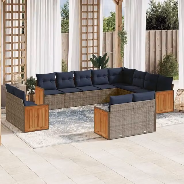 Set di divani da giardino a forma di U vidaXL in rattan e legno di acacia con cuscini grigi e blu – 1