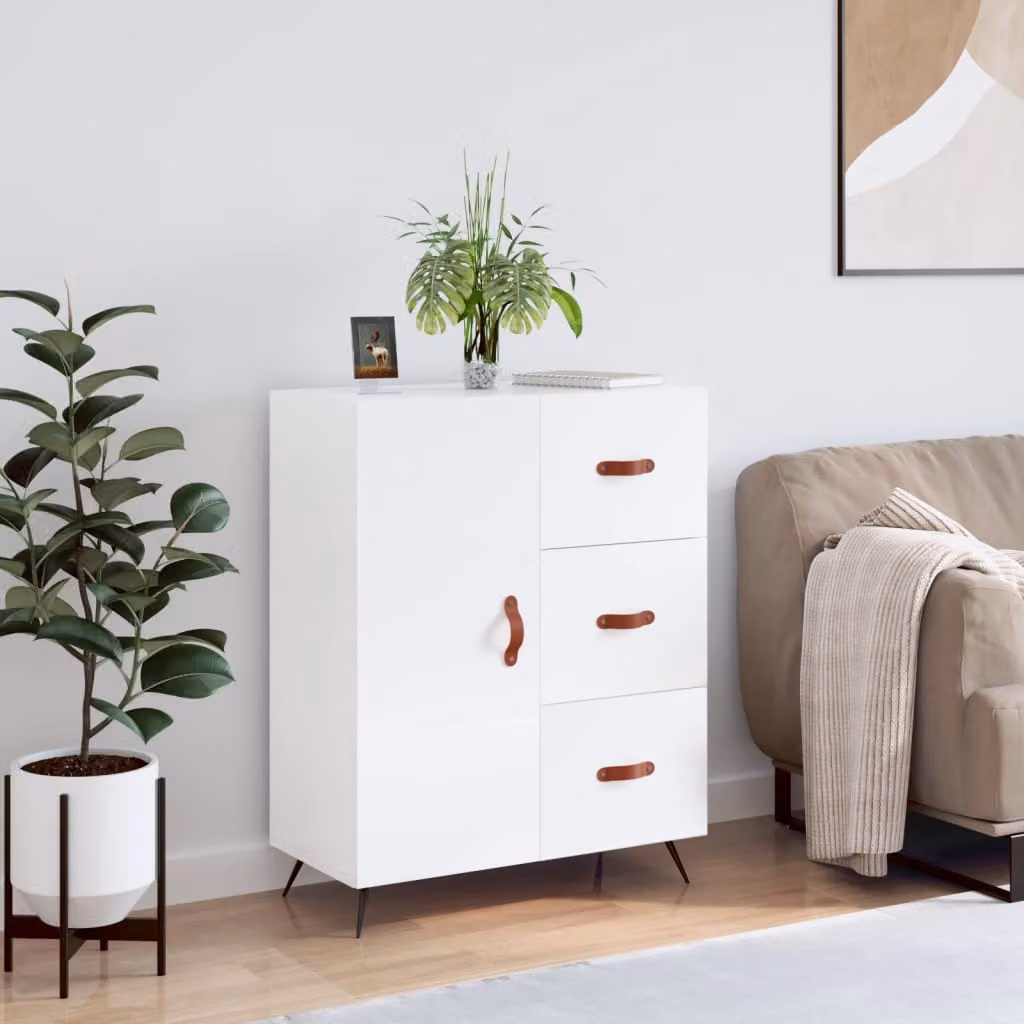 vidaXL Credenza in Legno Multistrato Bianco Lucido L: 69,5 cm, P: 34 cm, H: 90 cm