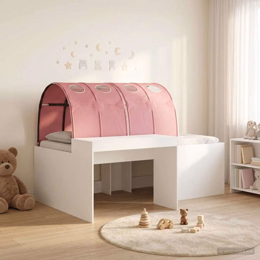 Letto singolo per bambini vidaXL con struttura a casetta e tunnel, Bianco, Rosa e Marrone, L/P/H: 203 x 120 x 75 cm