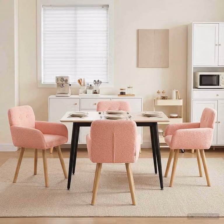 Set di 4 sedie da pranzo vidaXL in tessuto bouclé rosa con struttura in legno e metallo L: 59 cm, P: 56,5 cm, H: 85 cm