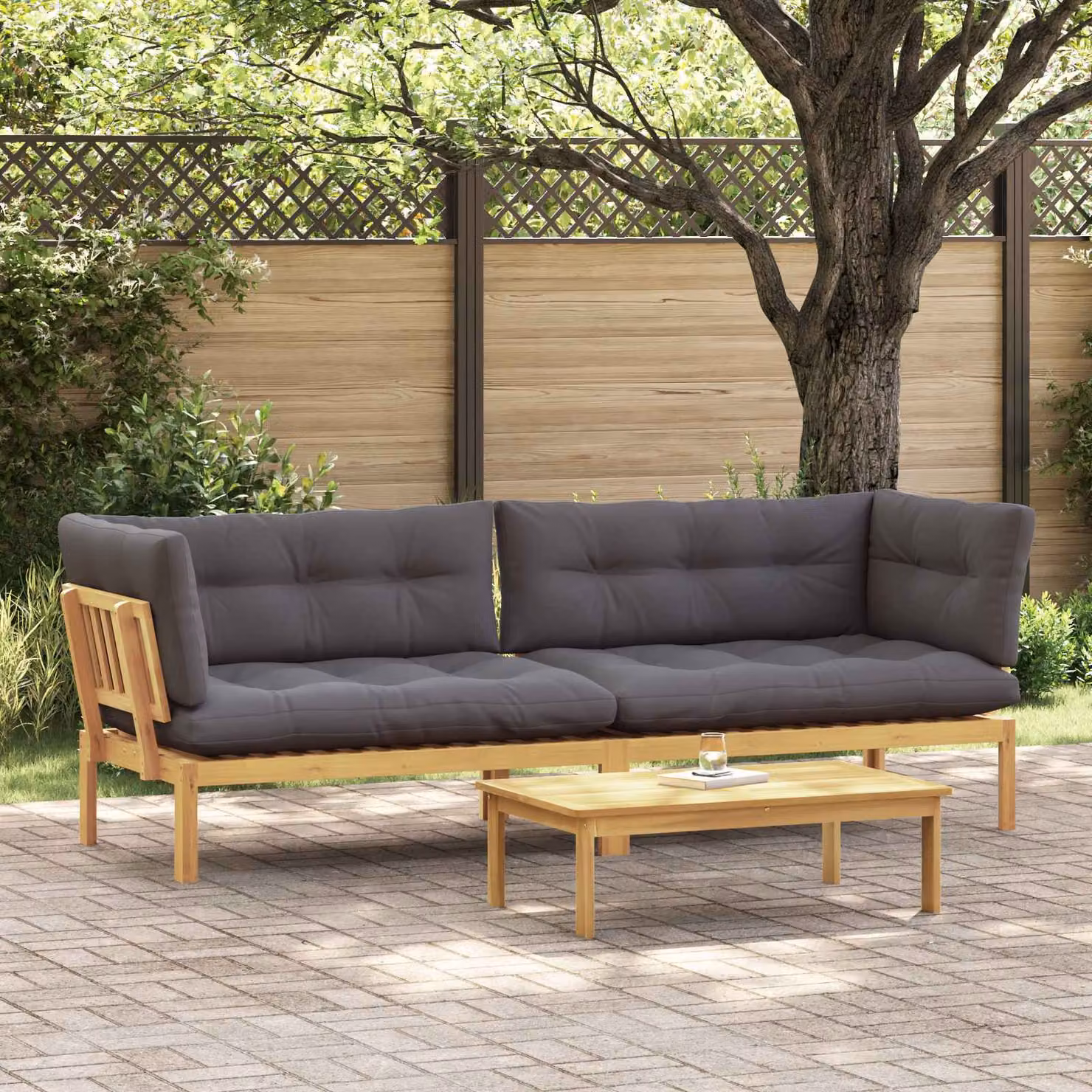 Set di divano da giardino a L vidaXL in legno di acacia con cuscini, colore marrone e grigio
