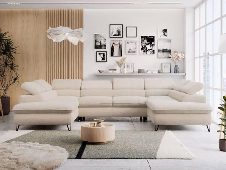Divano ad angolo con funzione letto, contenitore, a forma di U, poggiatesta regolabili, divano da salotto - PETER U - Bouclé - Beige