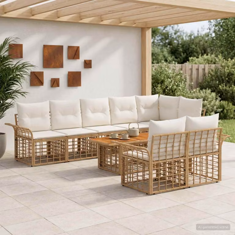 Set Divano da Giardino vidaXL 9 pz a Forma a L con Tavolino, Polyrattan e Struttura in Acciaio, Colore Beige e Bianco