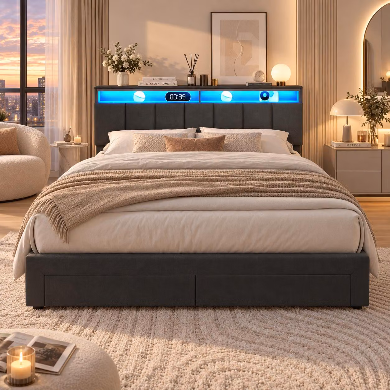 Letto imbottito con boxspring, dimensioni 160x200 cm, con illuminazione LED, letto matrimoniale con sistema di sollevamento idraulico, testiera, cassetto, 2 cassetti ai piedi, rete a molle, contenitore, colore grigio