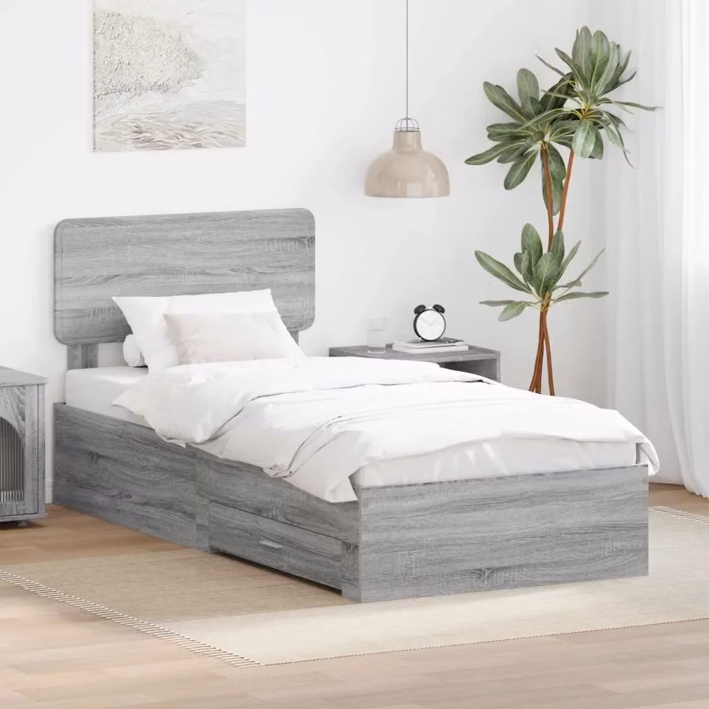Letto singolo per adulti con cassetti in legno multistrato grigio L: 75 cm, P: 190 cm, H: 90 cm – 2