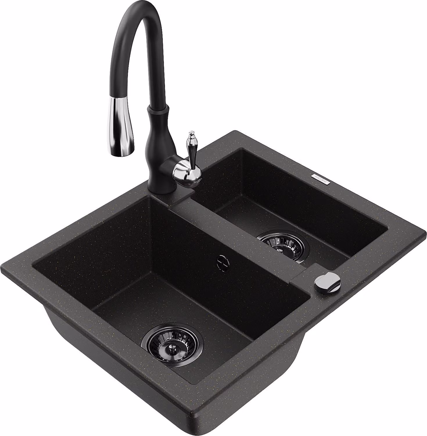 Mexen Carlos lavello in granito 1,5 vasche con miscelatore da cucina Savita, nero/oro metallizzato - 6518-75-672601-70-B
