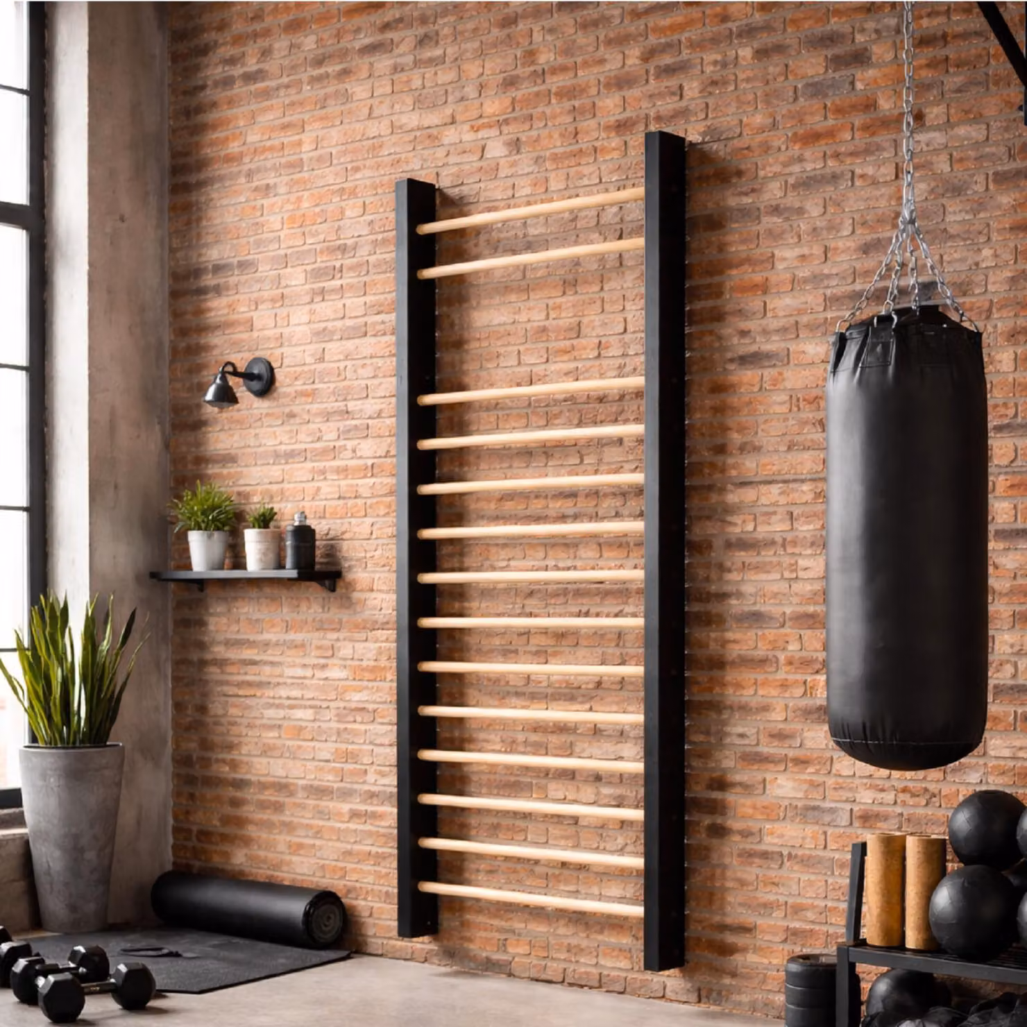 QLS Scala da ginnastica in legno 195x80 cm Nero Telaio in legno di faggio Pioli 11441
