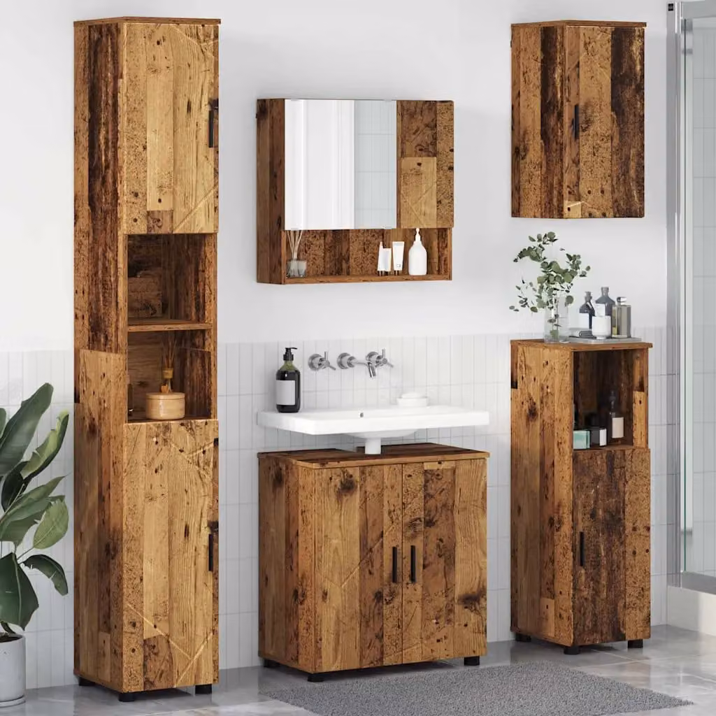 Set di mobili per il bagno vidaXL in stile industriale con vanità, armadietto con specchio e colonna alta, colore marrone, L/P/H: 61 x 35 x 64 cm – 1