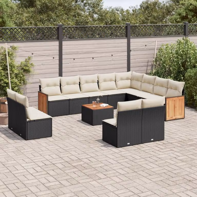 vidaXL Set Divani da Giardino 13pz in Polyrattan con Cuscini e Tavolino da Esterno Nero e Bianco