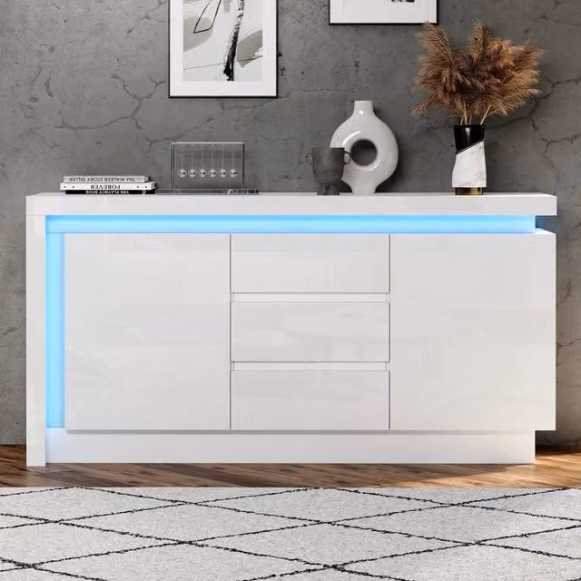 Cassettiera con Ante e LED ¨C MINIMAL ¨C Bianco Lucido, 3 Cassetti, 140x35x72