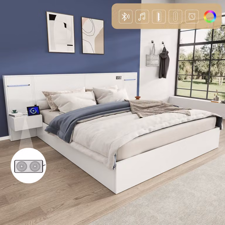 Letto matrimoniale 160x200 cm con rete a doghe, dotato di porte USB-A/USB-C, altoparlante Bluetooth, orologio elettronico, striscia di luci colorate e 2 comodini, colore bianco
